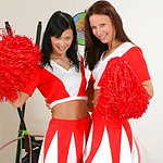 Enticing cheerleaders nude and dildo pink pussies in gym