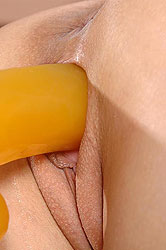 Horny blonde Kathia dildos herself