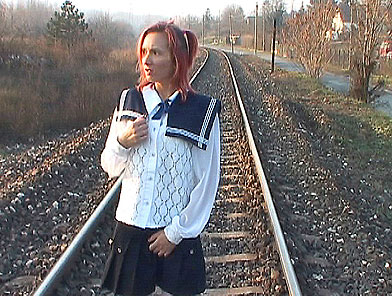 Dirty redhead slut peein at open air and suckin dick