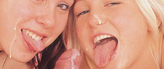 Two teenage cuties receive a big load of sperm on their face