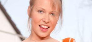 Blonde teenage cutie using her favorite pink purple dildo