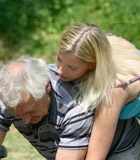 Horny blonde beauty gets fucked outdoor by an older male