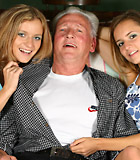 Horny grey senior enjoys two sweet babes their pussies