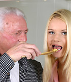 Blonde beauty adores an old male and pleases his stiff cock
