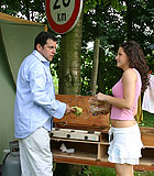 Curly teenager fucks and blows her horny sugar daddy outside