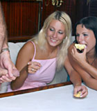 Two teenage stunners pleasing a dirty senior man orally