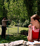 Horny senior fucking a babe in her tight ass in the garden