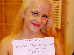Blonde girl signs a contract to lick two guys asses for cash