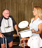 Horny grandpa releases his big boner on a blonde hottie