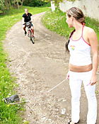 Brunette teenage cutie tasting a load of thick cum outdoor