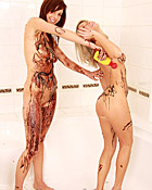 Two naughty teenage lovers love to abuse some chocolate