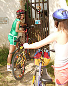 Two lesbo teens toying pussy outdoor after their bmx ride