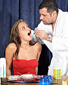 Stunning brunette babe gets creamed by a horny senior stud