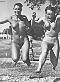 Vintage nudist going fully naked on the natural camping