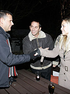 Blonde teen babe licking two guys their asses for money