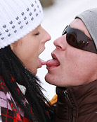 A very cold teenager shagging her boyfriend in the snow