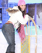 Very sexy babe warming her wet teenage pussy in cold snow