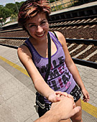 A teenage cutie with short hair fucks large solid penis