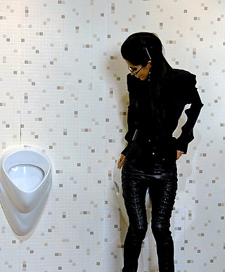 Public bathroom fake rubber beefstick sucking and jerking