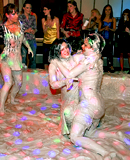 Smoking hot brunette babes wrestling around in a messy pit