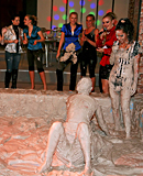 Two sexy daring girls enjoy swimming in cream at the club