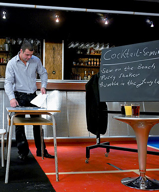 Two horny blonde girls in a threesome with the bartender