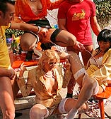 Full clothed group sex that ends with babes covered in piss