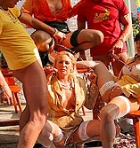 Full clothed group sex that ends with babes covered in piss