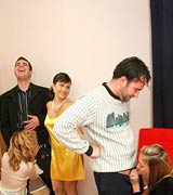 Horny couple interrupted during blowjob by three friends