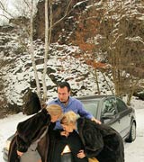 Hot blonde babes wearing fur sucking cock outside in snow