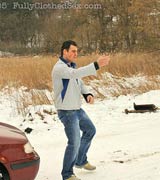 Hot blonde babes wearing fur sucking cock outside in snow