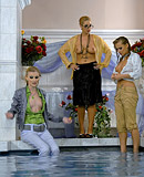 Sexy lesbians love swimming together in a big public pool