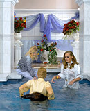 Sexy lesbians love swimming together in a big public pool