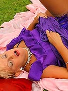 Hot chick getting fucked hard outside and cum on her dress