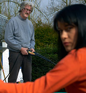 Young hottie banging the senior janitor in a big garden