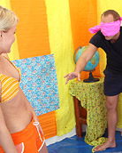 Blindfolded naked hottie playing with his big solid penis