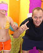 Blindfolded naked hottie playing with his big solid penis