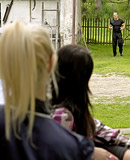 Blonde and brunette love pissing on a willing dude outside