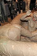 Hot babes tearing off their tops while wrestling in the mud