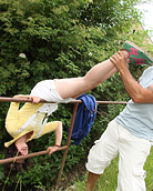 Horny chap banging a sexy naked teenager outdoors hardcore