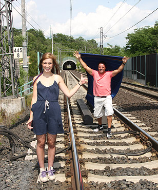 A bored couple waiting for a train starts fucking publicly