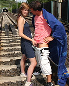 A bored couple waiting for a train starts fucking publicly