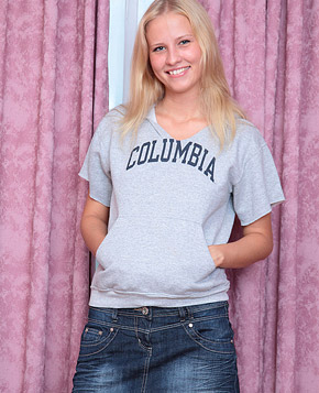 Bashful teenage blonde babe pets her cute titties and cunt