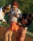 Sporty sweethearts enjoy playing with wet bottled water