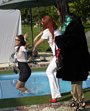 Three hot horny beauties playing with each other outdoors