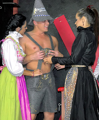 Clothed crazy sweeties enjoy urinating on pretty others