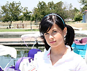 Marina Mae - Hot Brunette Marina Mae has sex on sofa with cumshot